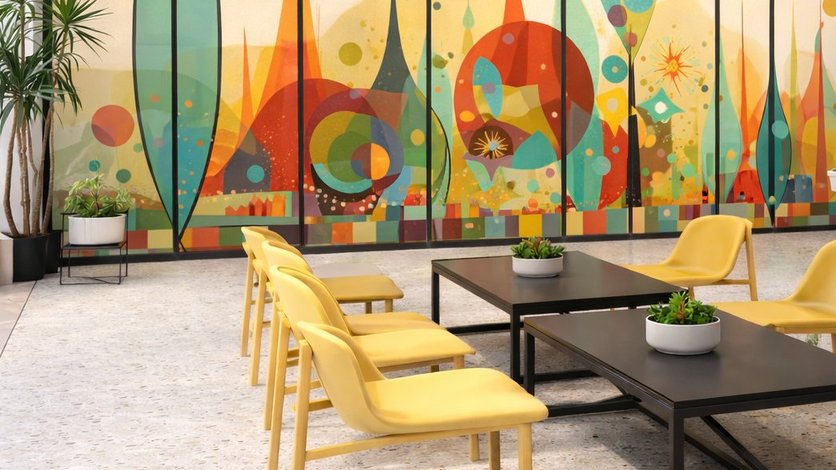 Yellow lounge chairs and communal tables in the social lounge, with the mural behind