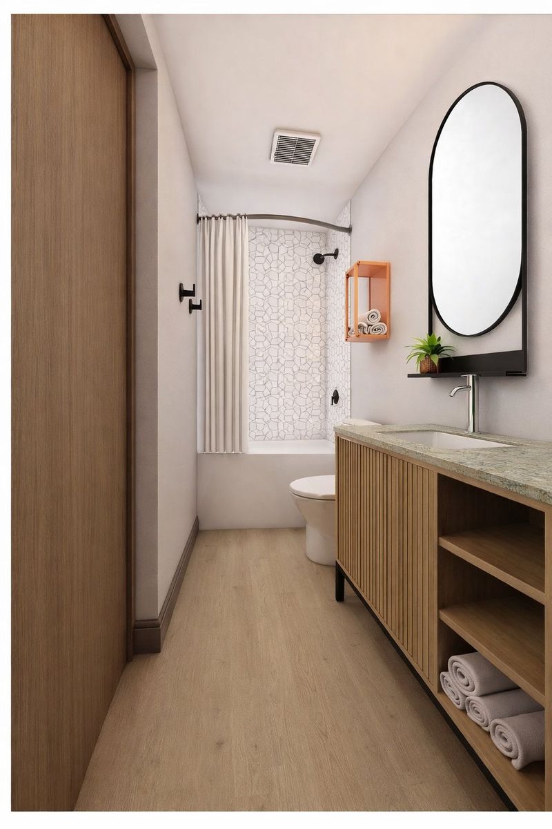 Premium guest bathroom with tiled shower and floating vanity