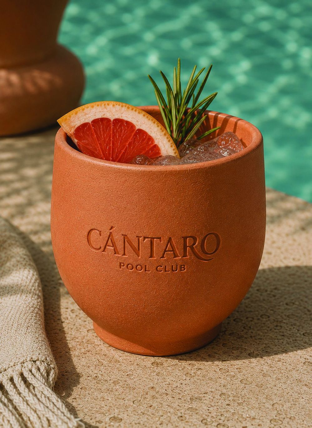 A Cántaro clay cup cocktail garnished with grapefruit and rosemary beside the pool