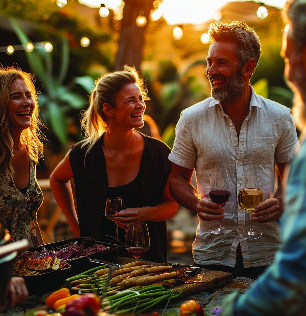 Guests talking over drinks in the courtyard under string lights