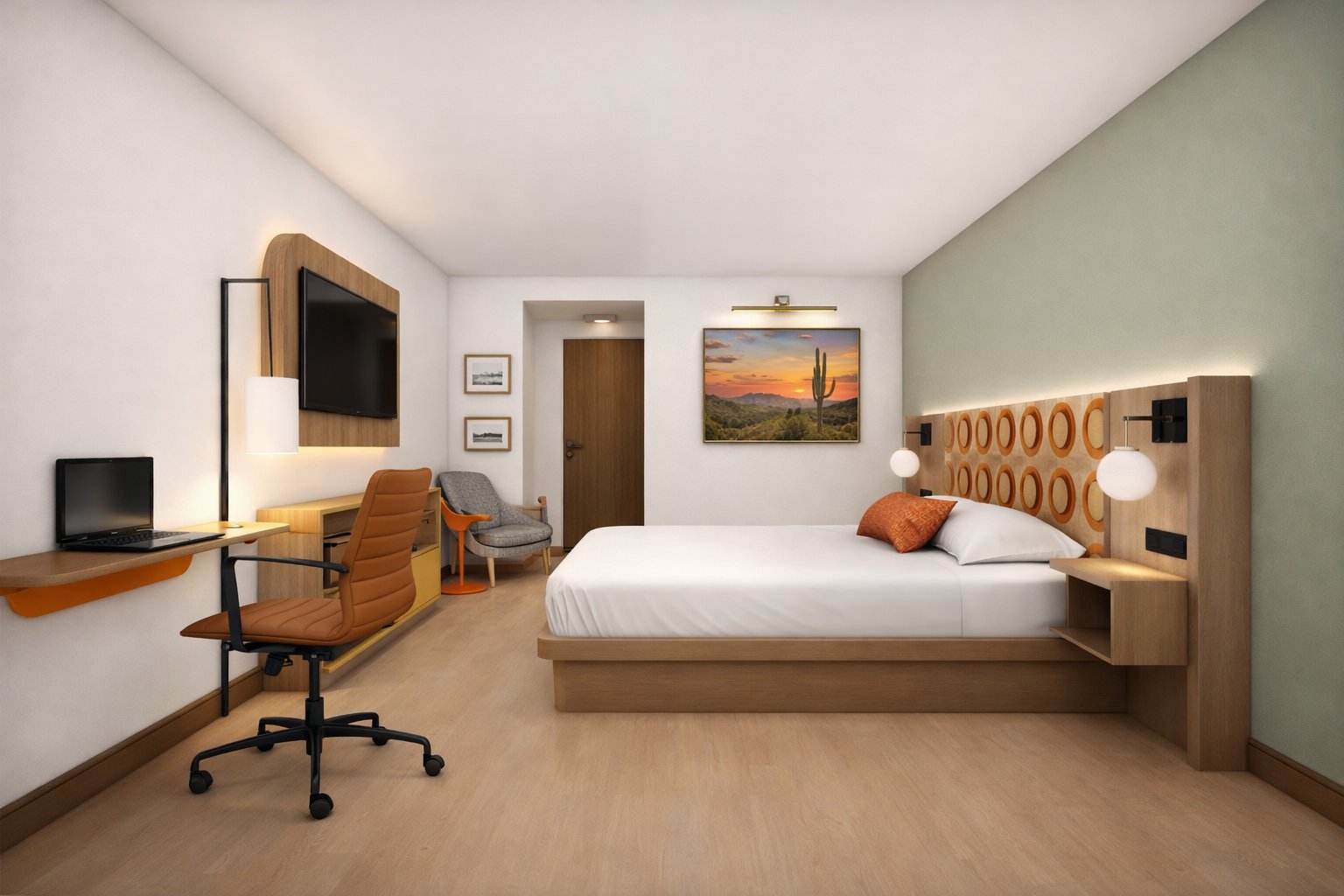 Signature guest room with a king bed, carved wood headboard, desk with an ergonomic chair and a wall-mounted television