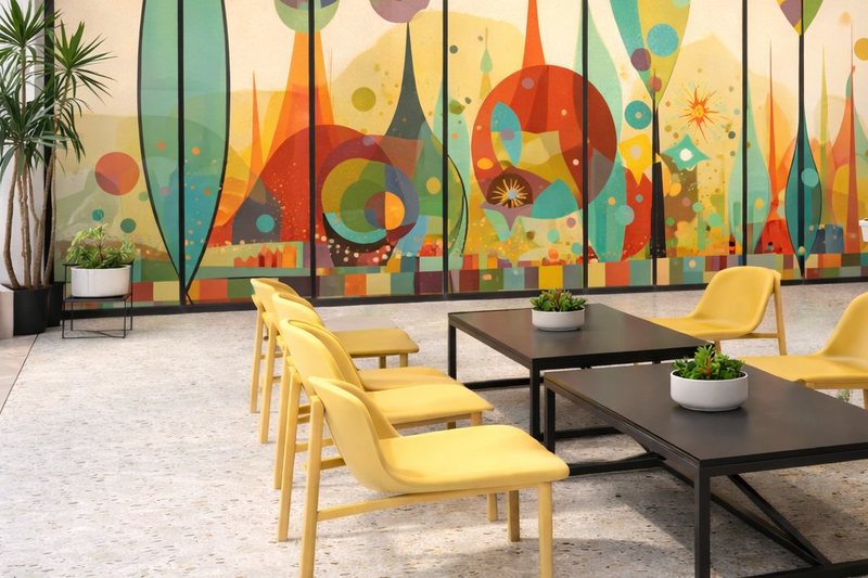 Lounge chairs and communal tables in the social lounge