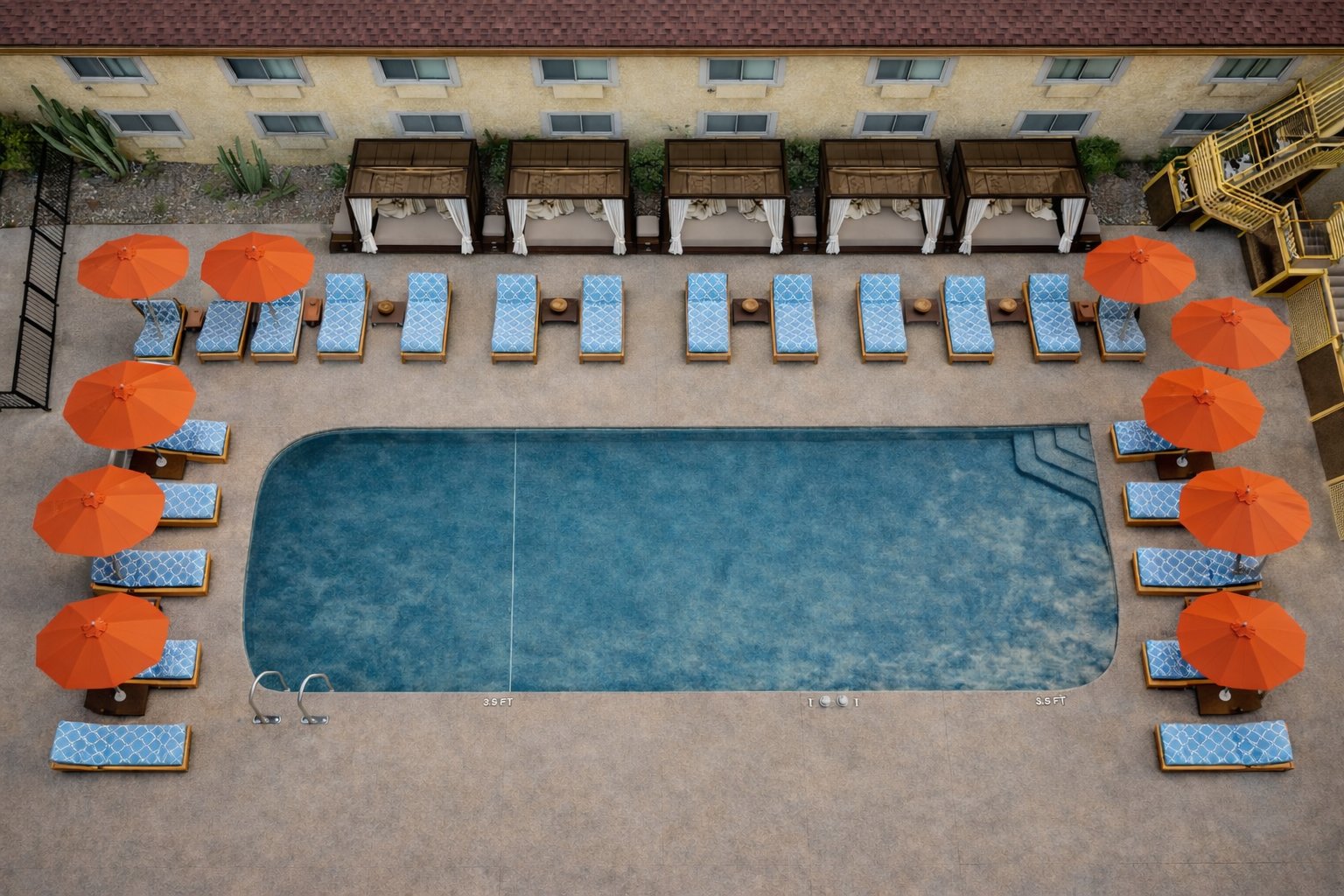 Aerial view of the Hotel Embarque pool deck with orange umbrellas, blue loungers and private cabanas